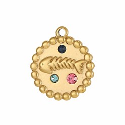 Настоящее золото 14K 304 подвески из нержавеющей стали, плоский круглый с подвесками в виде рыбьей кости, со стразами, ионное покрытие (ip), реальный 14 k позолоченный, 19x16 мм