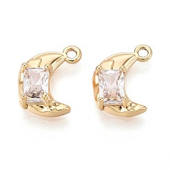 Настоящее золото 18K Латунные микро проложить кубического циркония подвески, Луна прелести, реальный 18 k позолоченный, 13x9~9.5x4~4.5 мм, отверстие : 1.2~1.4 мм