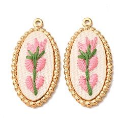 Pearl Pink 304 Stainless Steel & Cloth Embroidered Pendants, Oval with Hyacinth Charms, Ion Plating(IP), Long-Lasting Plated, Real 18K Gold Plated, Pearl Pink, 32.5x17x3mm, Hole: 1.5mm