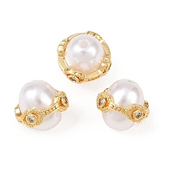 Настоящее золото 18K Латунные микро проложить кубического циркония бусы, круглые, с абс пластмассовой имитационной жемчужиной, долговечный, стойки покрытие, без свинца и без кадмия, реальный 18 k позолоченный, 11x10 мм, отверстие : 1.6 мм