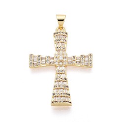 Настоящее золото 18K Латунные микропаве прозрачные подвески с фианитом, крест прелести, реальный 18 k позолоченный, 32x23x3.5 мм, отверстие : 4.5x3.5 мм