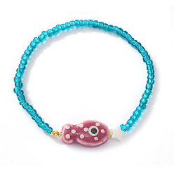 Средний Фиолетово-красный Эластичные браслеты ручной работы из фарфора и смоляных бусин для женщин, рыба и звезда, с оболочкой, средне фиолетовый красный, 6.89 дюйм (17.5 см)