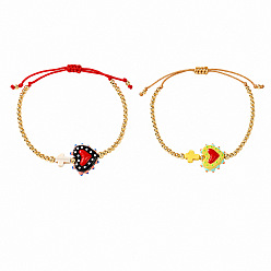 Color mezclado 2pcs 2 Pulseras trenzadas de cuentas de cristal y cruz de turquesa sintética teñida en varios colores para mujer, Pulseras apilables ajustables con cuentas redondas de latón, dorado, color mezclado, 11.02 pulgada (28 cm), 1 pc / color