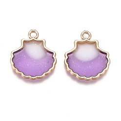 Темно-Фиолетовый Подвески из эмали и сплава, двухсторонний, форма раковины гребешка, золотые, темно-фиолетовый, 18x15.5x2 мм, отверстие : 1.6 мм