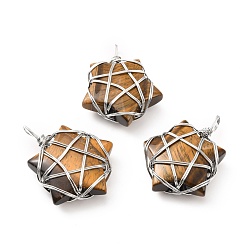 Тигровый глаз Подвески из натурального тигрового глаза, с медной проволокой платинового тона, обернутой, без кадмия и без свинца, звезда, 37~41x29~31x9~11 мм, отверстие : 4.5~6 мм