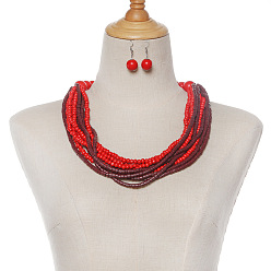 Красный Комплекты из деревянных подвесных сережек и многослойных ожерелий, круглые, красные, 580 мм