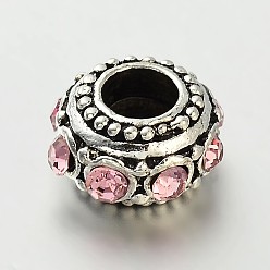 Розовый Старинное серебро сплав цинка горный хрусталь большое отверстие европейского Rondelle шарики, светло-розовый, 10~12x6 мм, отверстие : 4.5 мм