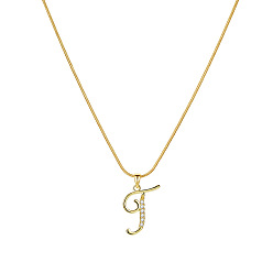 Letter T Ожерелья с подвесками-инициалами из цинкового сплава с микропаве из прозрачных кубических цирконий, золотые, Письмо T, 17.72 дюйм (45 см)