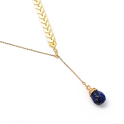 Lapis Lazuli Brass Lariat Necklaces, with Teardrop Natural Lapis Lazuli, Cobs Chains & Cable Chains, Golden, 19.49 inch(49.5cm)
