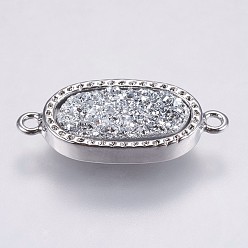 Silver Druzy Resin Links connectors, with Brass Finding, Oval, Platinum, Silver, 21x9.5x3.5~4mm, Hole: 1.5mm