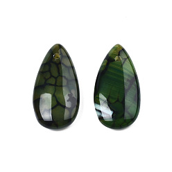 Темно-Зеленый Подвески из натурального агата с венами дракона, окрашенная и подогревом, очарование слезы, темно-зеленый, 29x15x5.5 мм, отверстие : 1.6 мм