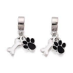 Черный Сплав эмаль европейские подвески с подвесками, Подвески с отпечатком лапы и косточкой и большим отверстием, платина, чёрные, 25.5~26.5 мм, отпечаток лапы: 12x9.5x1.5мм, кости: 13x5.5x1.5 мм, отверстие : 4.5~5 мм