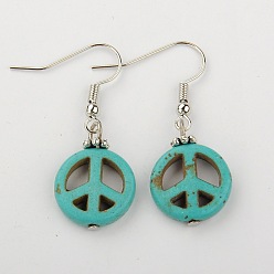 Темно-бирюзовый Болтаться войти серьги мирные для женщин, синтетические бирюзовые серьги, серьги с латунными крючками, платина, темные бирюзовый, 37 мм , штифт: 0.7 мм