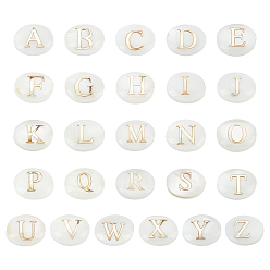Letter A~Z 26 шт. 26 стили овальные бусины из натуральной белой ракушки, золотые эмалевые бусины с буквами, Письмо ~ Z, 6.5x8x4.5 мм, отверстие : 0.8 мм, 1 шт / стиль