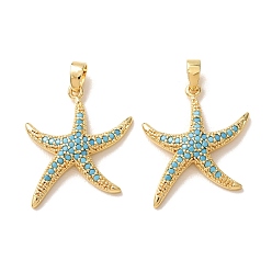 Real 18K Gold Plated Brass Micro Pave Sky Blue Cubic Zirconia Pendants, Starfish Charms, Real 18K Gold Plated, 22x20x3mm, Hole: 4x2.5mm