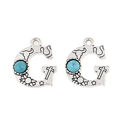 Letter G Подвески из синтетической бирюзы и сплавов, письмо амулеты, античное серебро, Буква G, 24x20x5 мм, отверстие : 3 мм