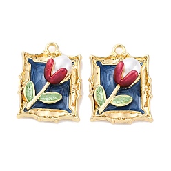 Средно-синий Подвески из эмали и сплава, с ABS имитации жемчуга, без кадмия, без никеля и без свинца, стойки покрытие, прямоугольник с цветочной подвеской, золотые, светло-синий, 25.5x19x9 мм, отверстие : 2 мм