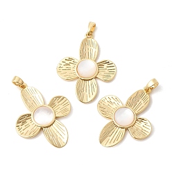 Настоящее золото 18K Натуральный белый оболочки подвески, цветочные подвески с латунной оправой, реальный 18 k позолоченный, 31.5x24.5x3.5 мм, отверстие : 3x4.5 мм