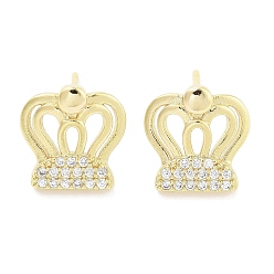 Real 18K Gold Plated Brass Micro Pave Clear Cubic Zirconia Studs Earring, Crown, Real 18K Gold Plated, 11.5x11mm