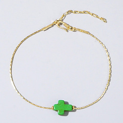 Зеленый лайм Синтетические бирюзовые браслеты из бисера, 304 браслеты из нержавеющей стали с цепочками Boston Link для женщин, крестик, зеленый лайм, внутренний диаметр: 6-1/4 дюйм (16 см)