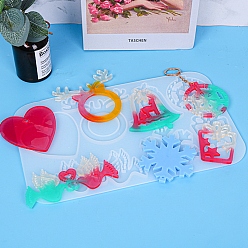 White Christmas Theme DIY Keychain Silicone Molds, Resin Casting Molds, for UV Resin, Epoxy Resin Jewelry Making, Mixed Shapes, White, 295x180x6.5mm, Inner Diameter: 69.5~119x51.5~97mm, Hole: 3.5mm