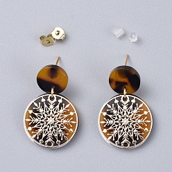 Golden Cellulose Acetate(Resin) Dangle Earrings, with Brass Findings and Ear Nuts, Flat Round with Snowflake, Golden, 32mm, Pin: 0.6mm