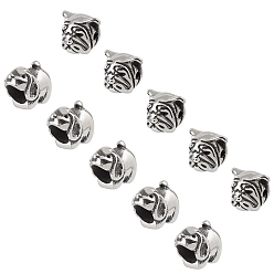 Antik Silber Farbe Welpenperlen aus Edelstahl, Hundekopf, Antik Silber Farbe, 10.5~12x13x10 mm, Bohrung: 2~6 mm, 8 Stück / Karton