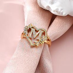 Letter M Сердце с цветком полые латунные перстни, золотые, Буква М, внутренний диаметр: 17 мм