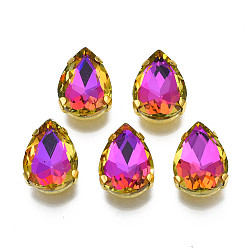 Темно-Розовый Шить на горный хрусталь, многожильных ссылки, стекло горный хрусталь, с позолотой 201 зубцы из нержавеющей стали, аксессуары для одежды, граненые, слеза, темно-розовыми, 14x10x6 мм, отверстие : 1 мм