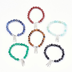 Mixed Stone Natural Gemstone Beads Charm Bracelets, with Brass Findings, Woven Net/Web with Feather, 2 inch(5.2cm), Pendant: 24x10.5x2mm