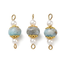 Golden Natural Larimar & Shell Pearl Connector Charms, Rondelle Links, with 304 Stainless Steel Eye Pins & Brass Cap Bead, Golden, 22x8mm, Hole: 2mm & 1.6mm