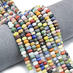 Смешанные камни Нити бусин из натуральной голубой пятнистой яшмы, далматинской яшмы и белого нефрита, матовые, рондель, смешанные окрашенные и неокрашенные, 6x4 мм, отверстие : 1 мм, около 93~96 шт / нитка, 14.57~14.76 дюйм (37~37.5 см)