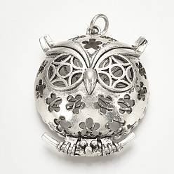 Antique Silver Brass Magnetic Diffuser Locket Pendants, Cage Pendants, Hollow Owl, Antique Silver, 44x35x16mm, Hole: 5.5mm, Inner Diameter: 32mm
