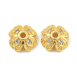 Настоящее золото 18K Покрытие стойки латунь микро паве прозрачные колпачки из кубического циркония, долговечный, без свинца и без кадмия, цветок, реальный 18 k позолоченный, 6x6x2 мм, отверстие : 1 мм