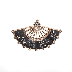 Black Alloy Enamel Pendants, with Rhinestone, Fan, Golden, Black, 42x68x4mm, Hole: 1mm