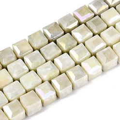 Темный Хаки Антикоррозийные гальванические стеклянные бусины, имитация драгоценных камней, кубические, с покрытием AB цвета, граненые, два тона, Темный хаки, 7x7x6.5~7 мм, отверстие : 1.2~1.4 мм, около 53~54 шт / нитка, 14.49~15.08'' (36.8~38.3 см)