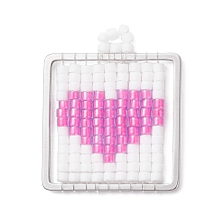 Фиолетовый Квадратный стеклянный бисер ручной работы с подвесками в форме сердца, с 304 соединительным кольцом из нержавеющей стали, фиолетовые, 24.5x20.5x1.5 мм, отверстие : 2 мм