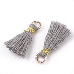 Gray Polycotton(Polyester Cotton) Tassel Pendant Decorations, Mini Tassel, with Iron Findings and Metallic Cord, Light Gold, Gray, 10~15x2~3mm, Hole: 1.5mm