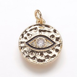 Золотой Забитые латунные подвески, с кубического циркония и эмали, плоские круглые с глаз, золотые, 17x14.5x3 мм, отверстие : 3 мм