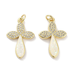 Белый Латунные микропаве прозрачные подвески с фианитом, без кадмия и без свинца, с синтетическим опалом и кольцами-прыгунами, реальный 18 k позолоченный, лист прелести, белые, 25x16.5x2.5 мм, отверстие : 3 мм