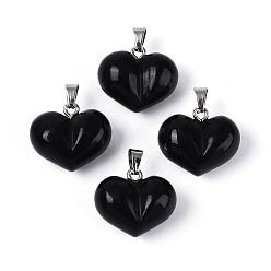Обсидиан Массивные подвески в форме сердца из натурального обсидиана, с 304 защелкой из нержавеющей стали на поручнях, цвет нержавеющей стали, 17~18x20~20.5x11~12 мм, отверстие : 5.5~6x2.5~3.5 мм