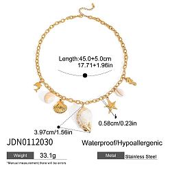Золотой 304 Женские нагрудные ожерелья из нержавеющей стали с подвеской в виде морской звезды и морского конька из натуральной ракушки, золотые, 17.72 дюйм (45 см)