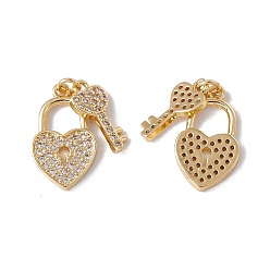 Настоящее золото 18K Латунные микропаве прозрачные подвески с фианитом, с целью перехода в кольце, без кадмия, без никеля и без свинца, стойки покрытие, сердце замок и ключ, реальный 18 k позолоченный, 23x13x2 мм, отверстие : 3 мм