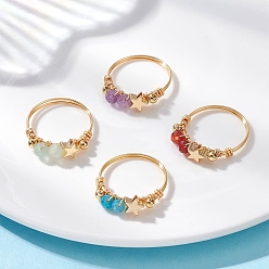 Смешанные камни 4 шт. 4 стили кольца из натуральных драгоценных камней, звезда, с латунными бусинами и экологически чистой медной проволокой, внутренний диаметр: 18.8 мм, 1 шт / стиль