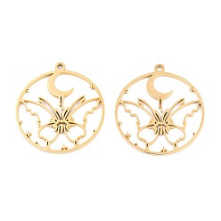 Настоящее золото 18K 304 подвески из нержавеющей стали, лазерная резка, плоский круглый с подвеской в виде бабочки и луны, ионное покрытие (ip), реальный 18 k позолоченный, 29.5x27x1.5 мм, отверстие : 1.8 мм