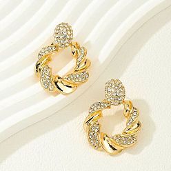 Золотой Серьги-гвоздики из сплава с кристаллами и стразами, твист кольцо, золотые, 40x30 мм