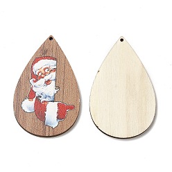 Camel Single Face Christmas Printed Wood Big Pendants, Teardrop Charms with Santa Claus, Camel, 54.5x34x2.5mm, Hole: 1.6mm