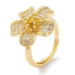Золотой Латунные микро проложить кубического циркония кольца, регулируемое кольцо с цветком для женщин, без свинца и без кадмия, золотые, регулируемый