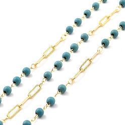 Golden Handmade Brass Link Chains, with Round Beads, Long-Lasting Plated, Soldered, with Spool, Beads with Synthetic Turquoise, Golden, 9x3x0.5mm