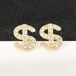 Настоящее золото 18K Серьги-гвоздики из латунного микро-паве, знак доллара, долговечный, стойки покрытие, без свинца и без кадмия, реальный 18 k позолоченный, 9x8 мм